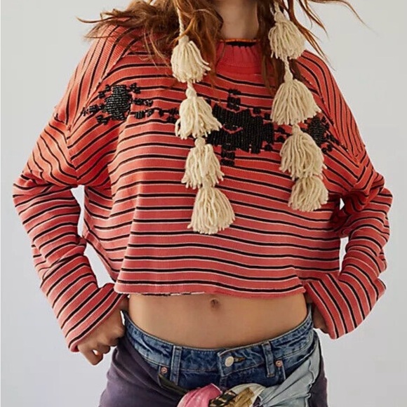 Free People "We The Free" Avalanche Striped Ribbed Cropped Oversized Tee Sz XS - Picture 2 of 12